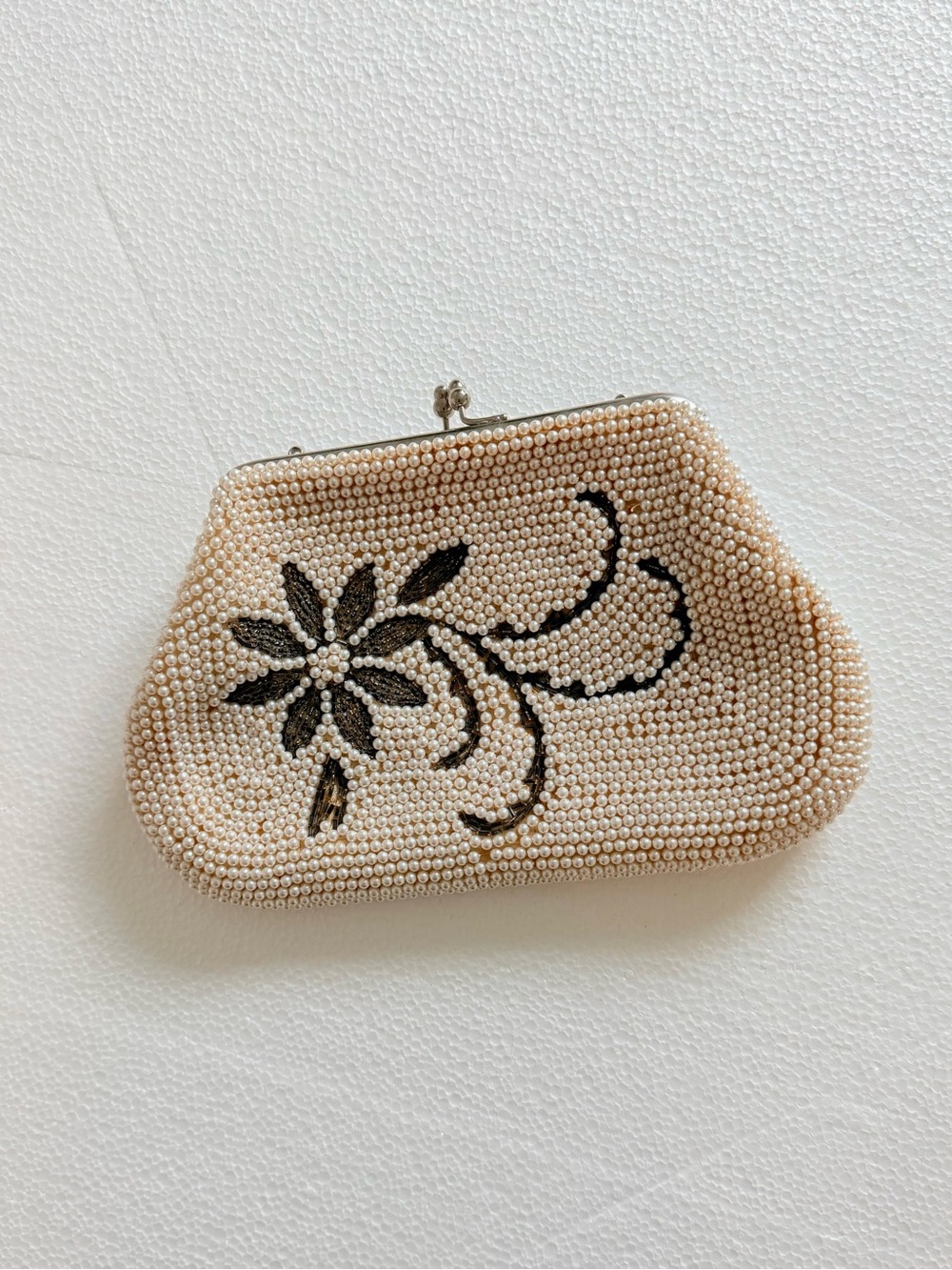 Pearl Beaded Floral Evening Clutch - Cream